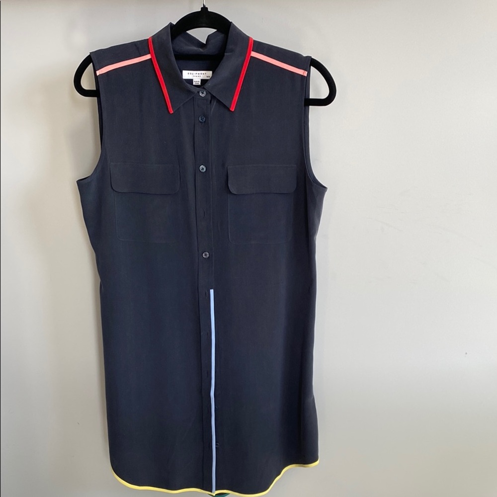 Equipment Black Sleeveless Blouse with Red and Yellow Accents